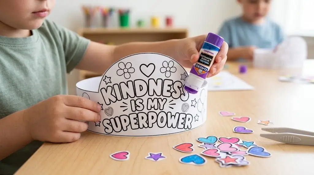 Targeted glue dot practice on a Kindness Is My Superpower crown template during a kindness day activity for preschool.