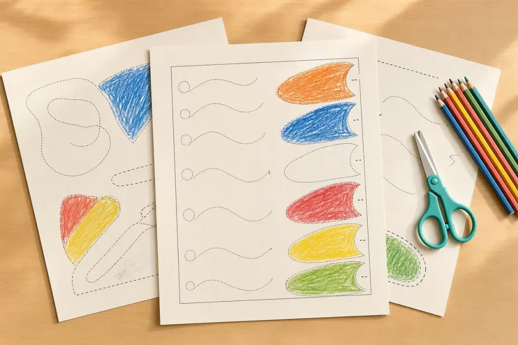 Preschool student practicing fine motor skills worksheets with dotted line tracing paths and safety scissors on a classroom desk.