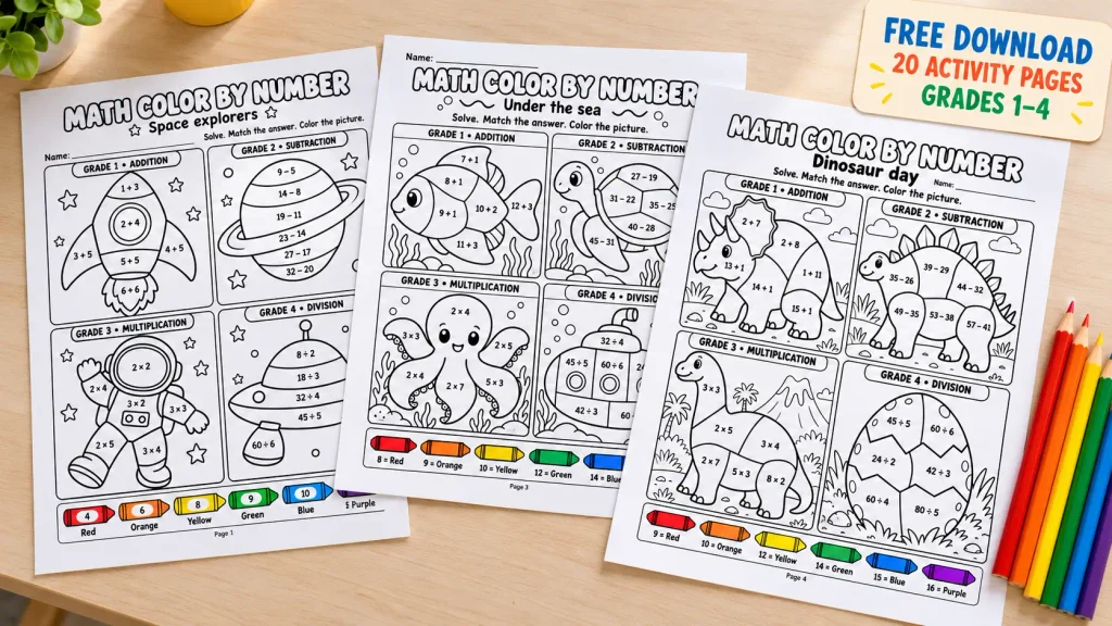 Free math color by number worksheets featuring space, ocean, and dinosaur activities for Grades 1–4, displayed beside colored pencils.