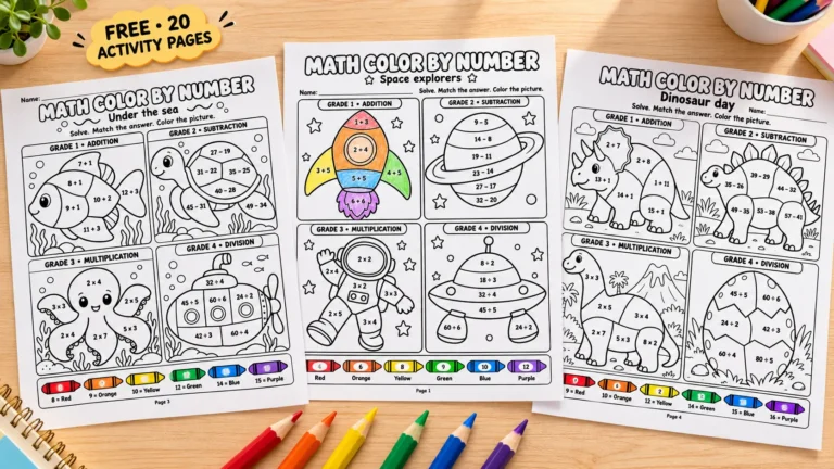 Math color by number worksheets with space, ocean, and dinosaur designs, a partially colored rocket, and colored pencils on a wooden desk.