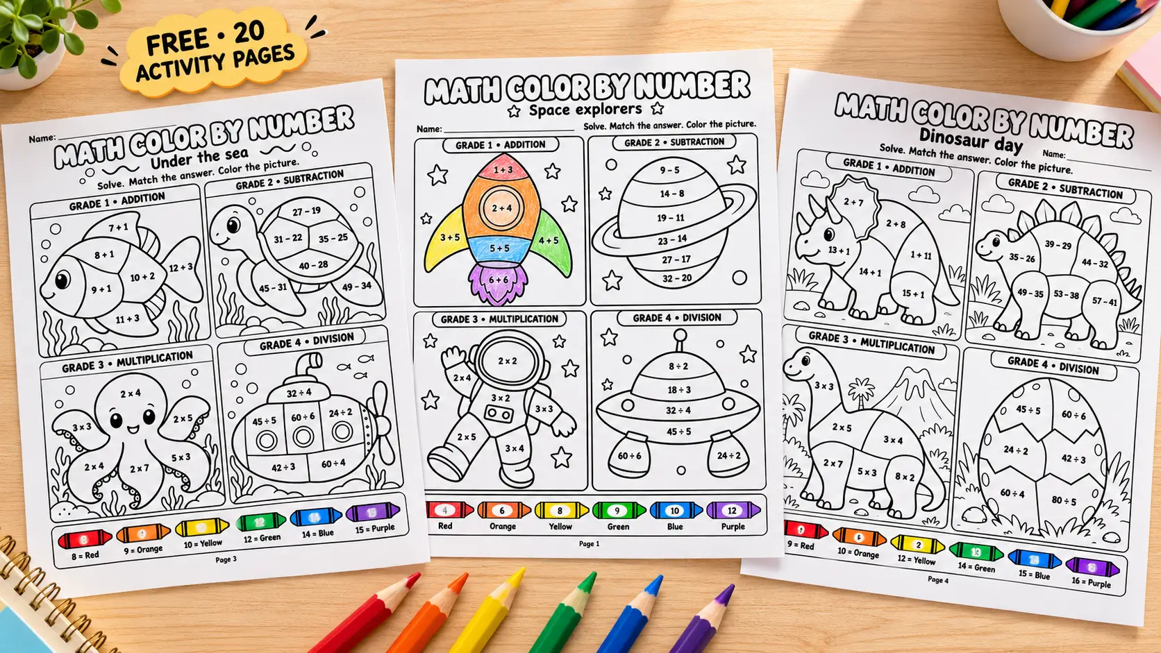 Math color by number worksheets with space, ocean, and dinosaur designs, a partially colored rocket, and colored pencils on a wooden desk.
