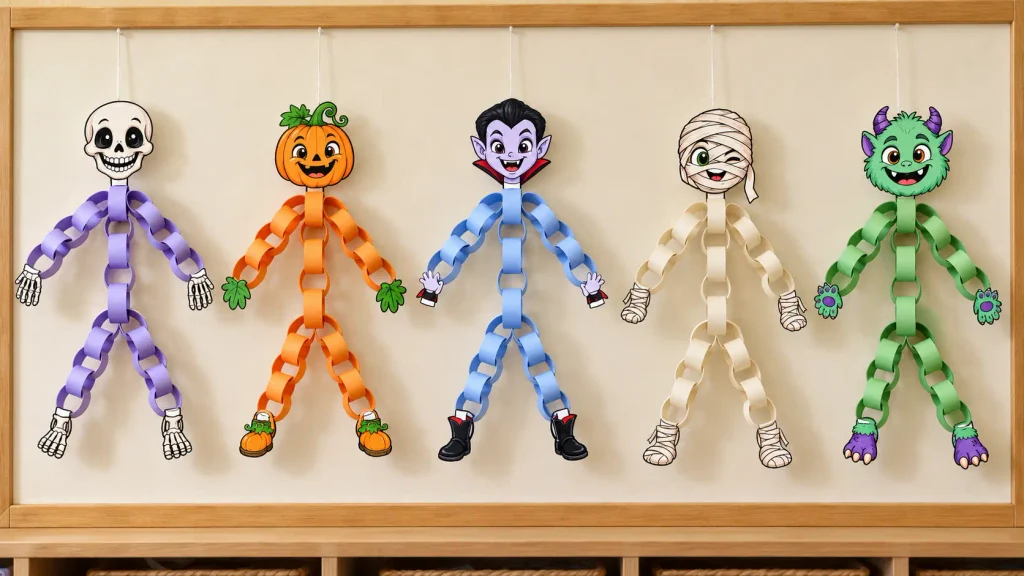 Five Halloween paper chain craft characters hanging on a classroom board, including a skeleton, pumpkin, vampire, mummy, and friendly monster.