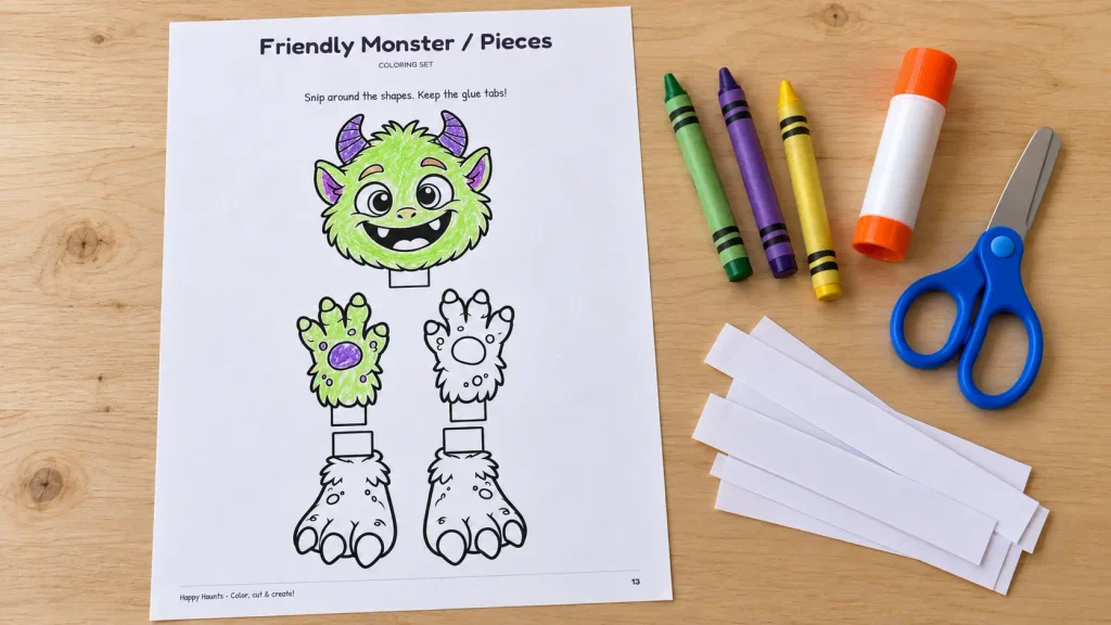 Halloween paper chain craft monster pieces partly colored green and purple, beside crayons, scissors, glue, and paper strips.