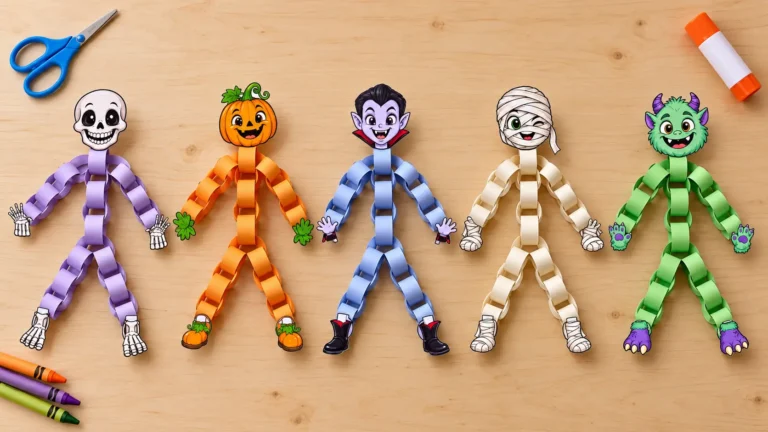 Halloween paper chain craft characters featuring a skeleton, pumpkin, vampire, mummy, and green monster on a wooden table.