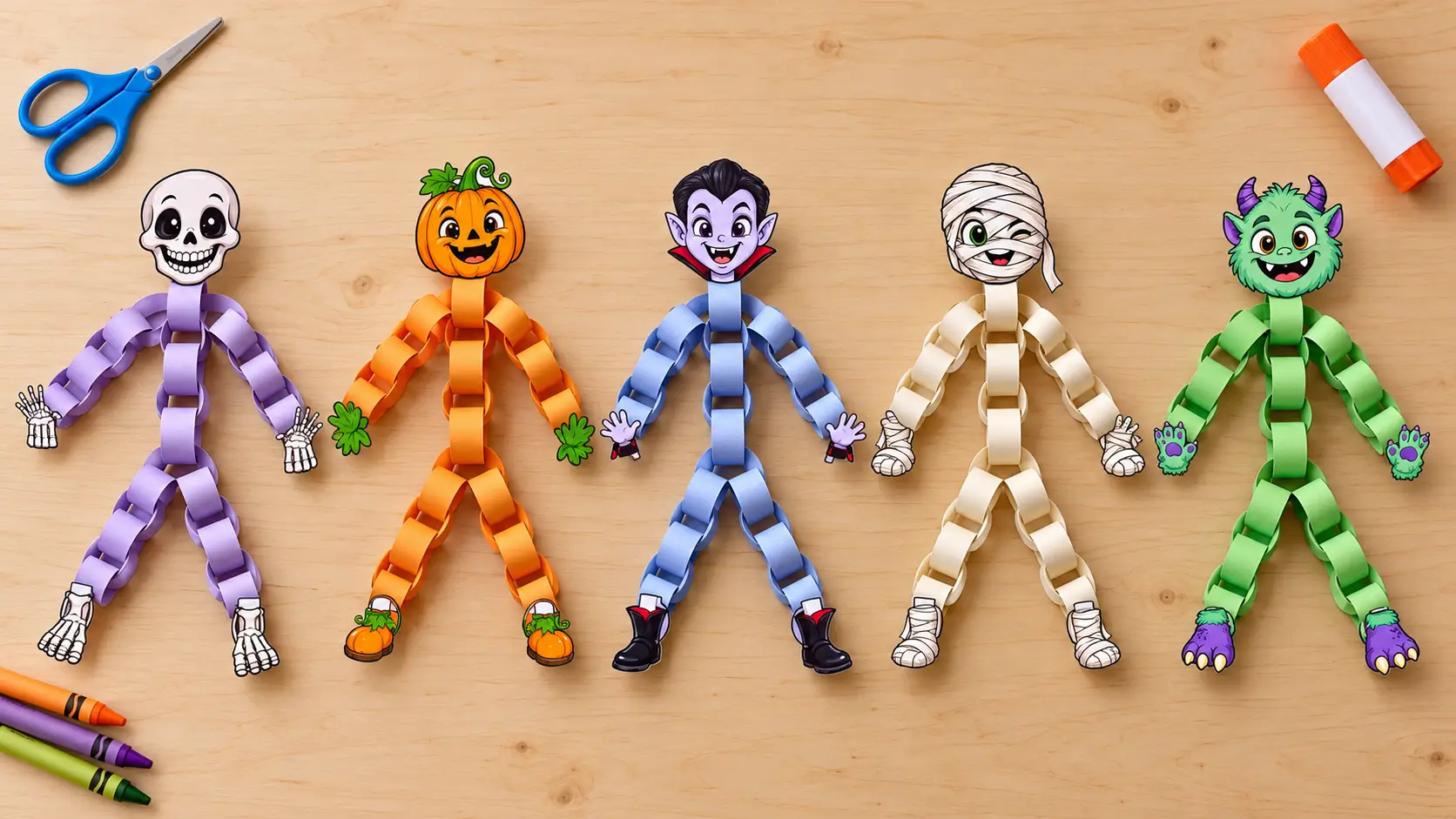 Halloween paper chain craft characters featuring a skeleton, pumpkin, vampire, mummy, and green monster on a wooden table.