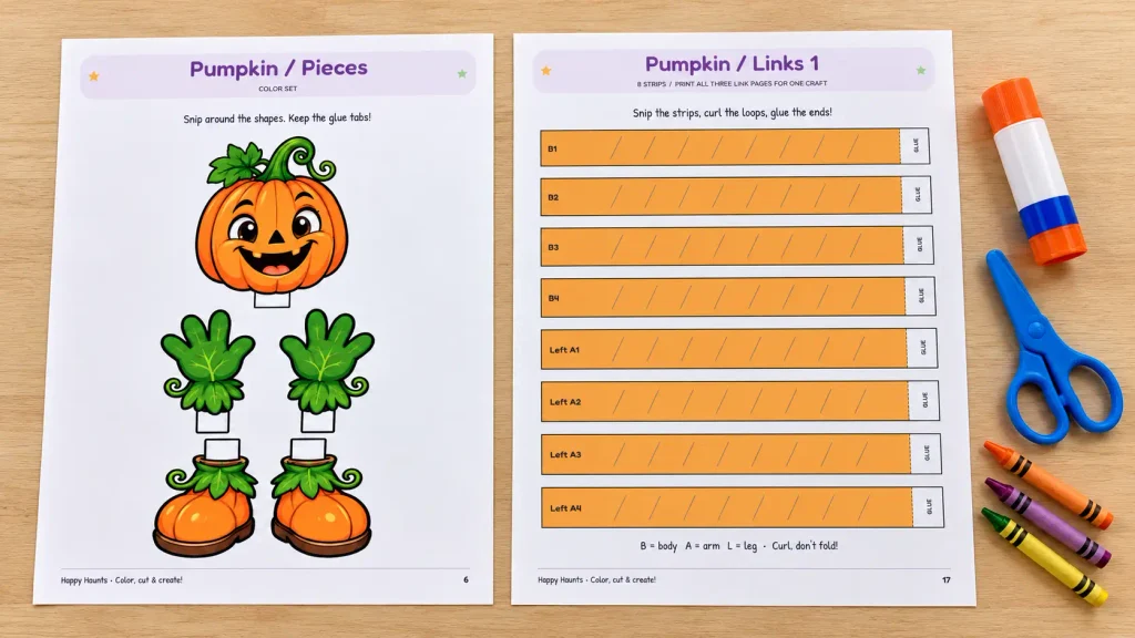 Halloween paper chain craft pumpkin pieces and orange link strips beside scissors, crayons, and a glue stick.