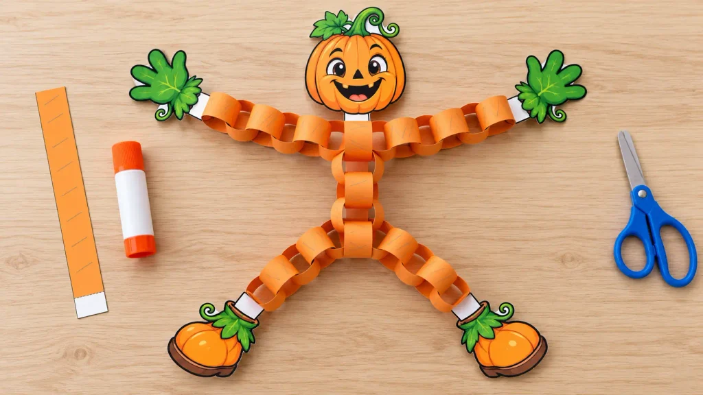 Halloween paper chain craft pumpkin character with orange linked arms and legs, green leafy hands, and pumpkin shoes.