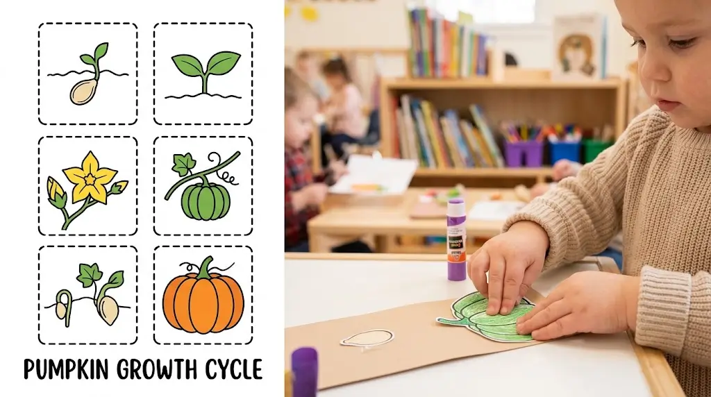 An interactive 5-stage pumpkin growth craft where preschoolers learn plant biology by coloring, cutting, and pasting stages from tiny seed to full orange pumpkin