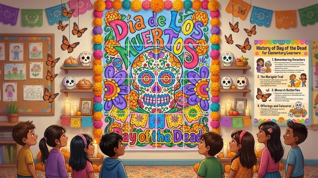 Kid-friendly illustrated classroom Ofrenda with marigolds and monarch butterflies showcasing the History of Day of the Dead for Elementary students.