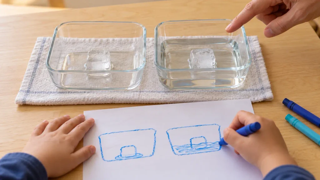 Child drawing observations of two melting ice cubes during indoor winter activities, comparing a dry container with one containing water.