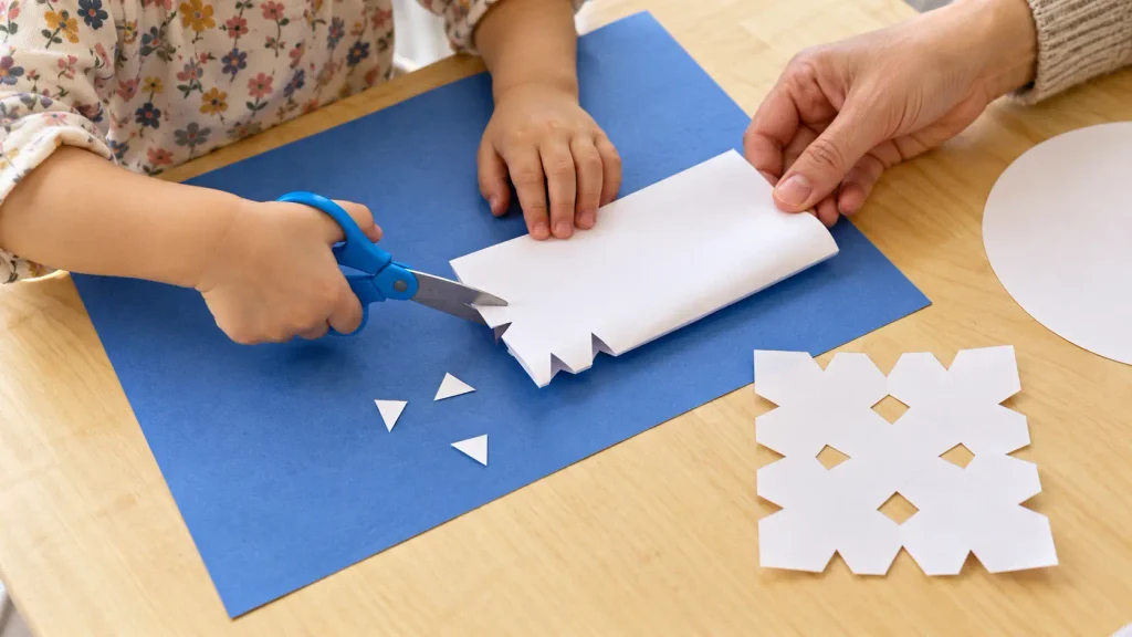 Child cutting notches into folded paper with adult support during indoor winter activities.