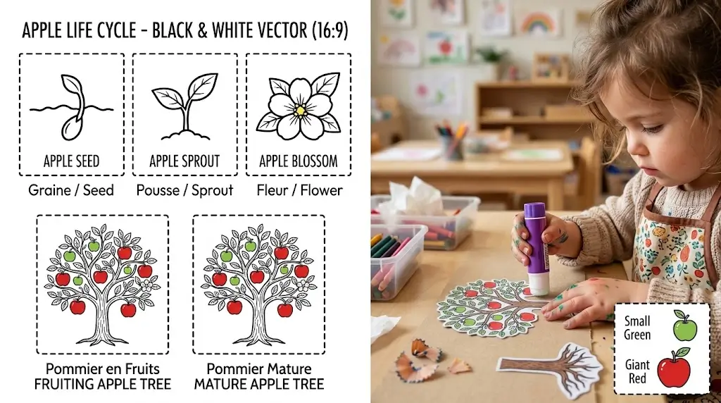 Apple life cycle spinner craft showing the stages from seed to apple tree