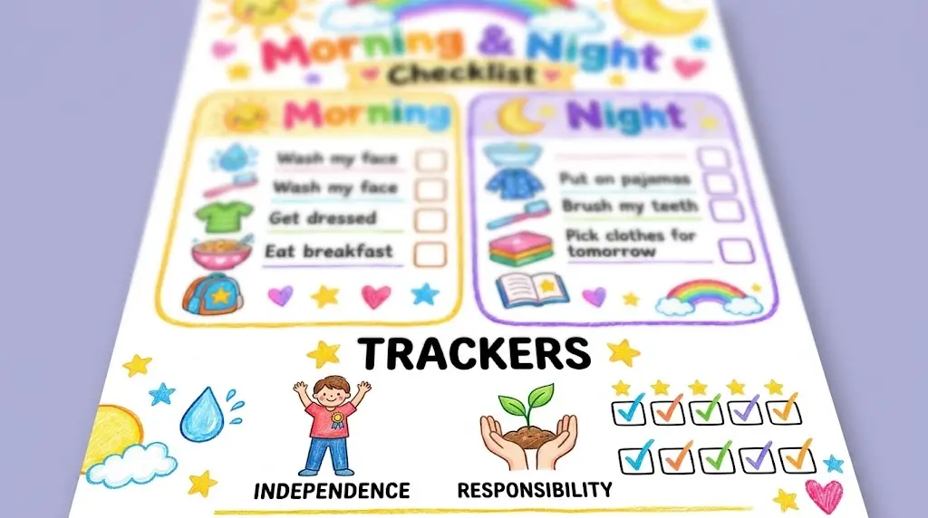 A close-up of the completed tracker section from the Kids Responsibility Chart Printable shown f image_1.png, with a focus on 'Independence' tasks.