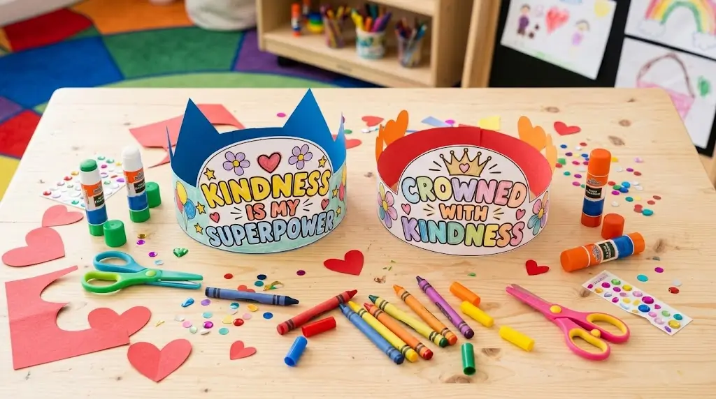 A stunning 16:9 flatlay display showcasing both completed paper crowns ("Kindness Is My Superpower" and "Crowned With Kindness") surrounded by cheerful classroom craft supplies.