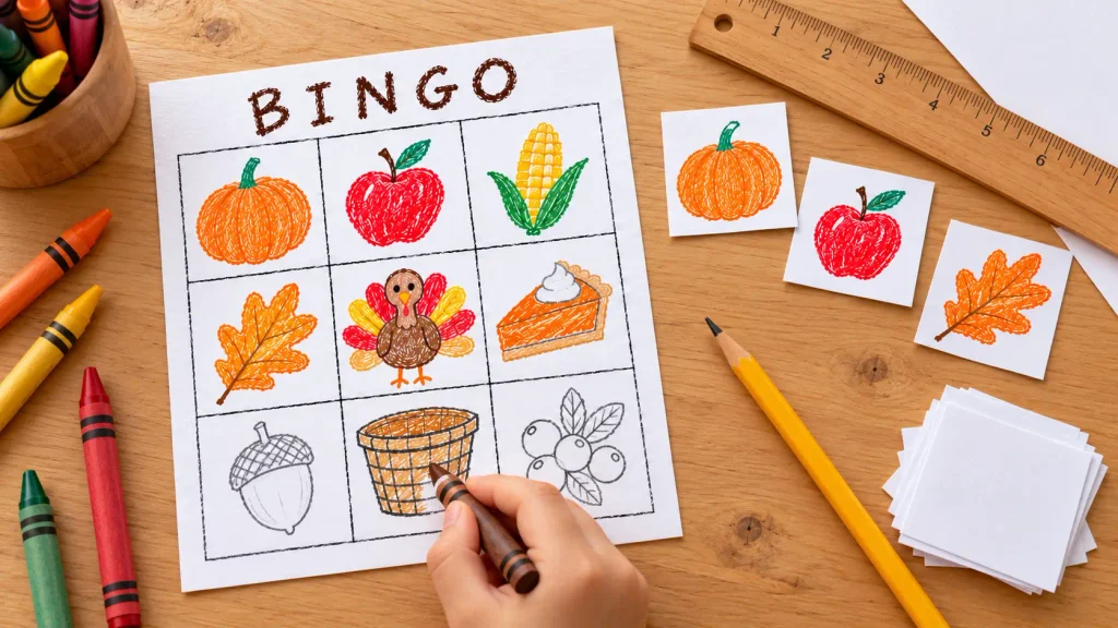A child coloring a homemade Thanksgiving bingo for kids board beside matching calling cards, crayons, and a ruler.