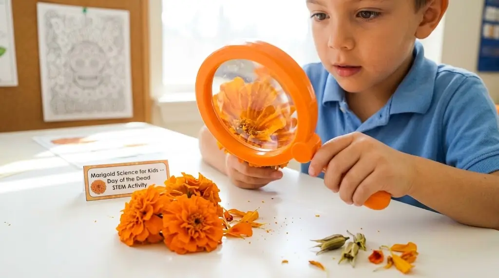 Day of the Dead Activities for Kids,A child using a magnifying glass during a Cempasúchil Flower Science Activity as part of hands-on Marigold Science for Kids.