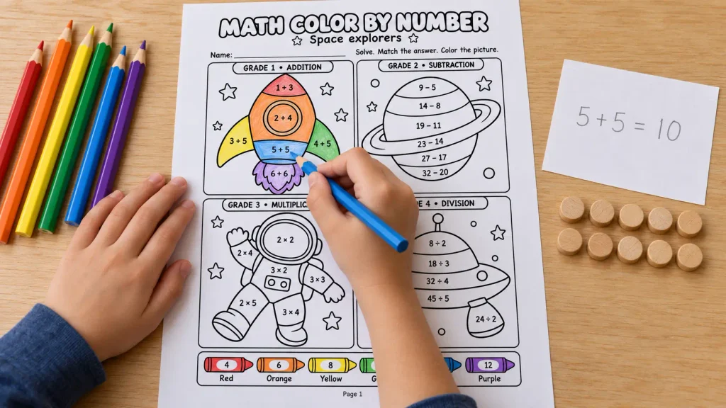 Child using math color by number worksheets to color a rocket, with a handwritten 5 + 5 = 10 calculation and ten wooden counters nearby.