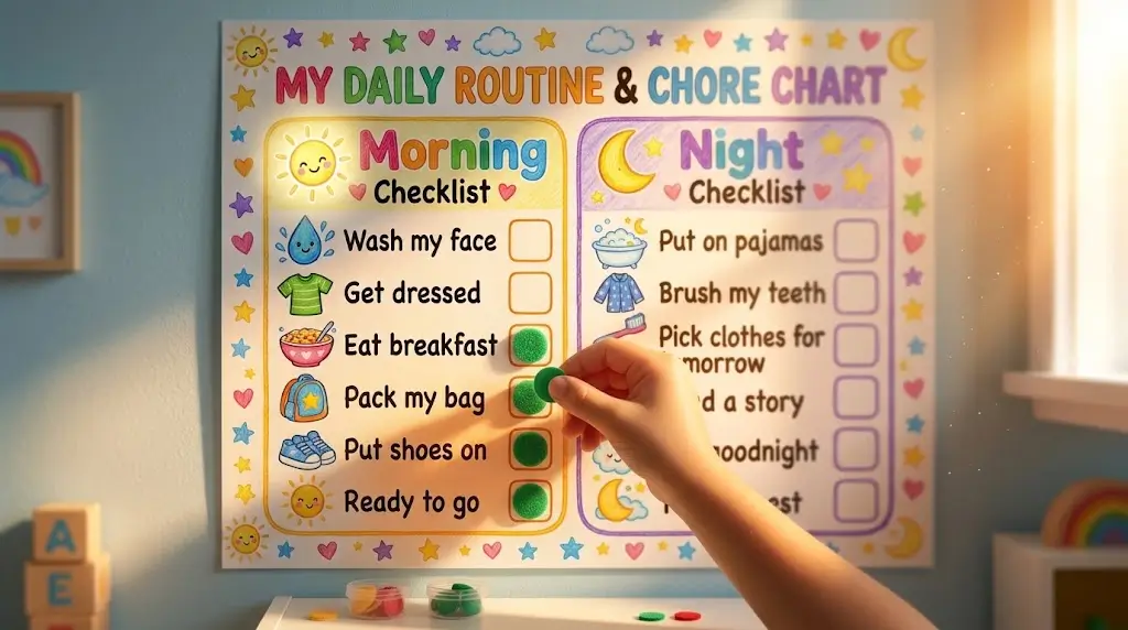 Printable Chore Chart for Kids A dedicated Morning and Bedtime Routine Tracker for kids from image_1.png, showing task cards moved to the 'DONE' column.