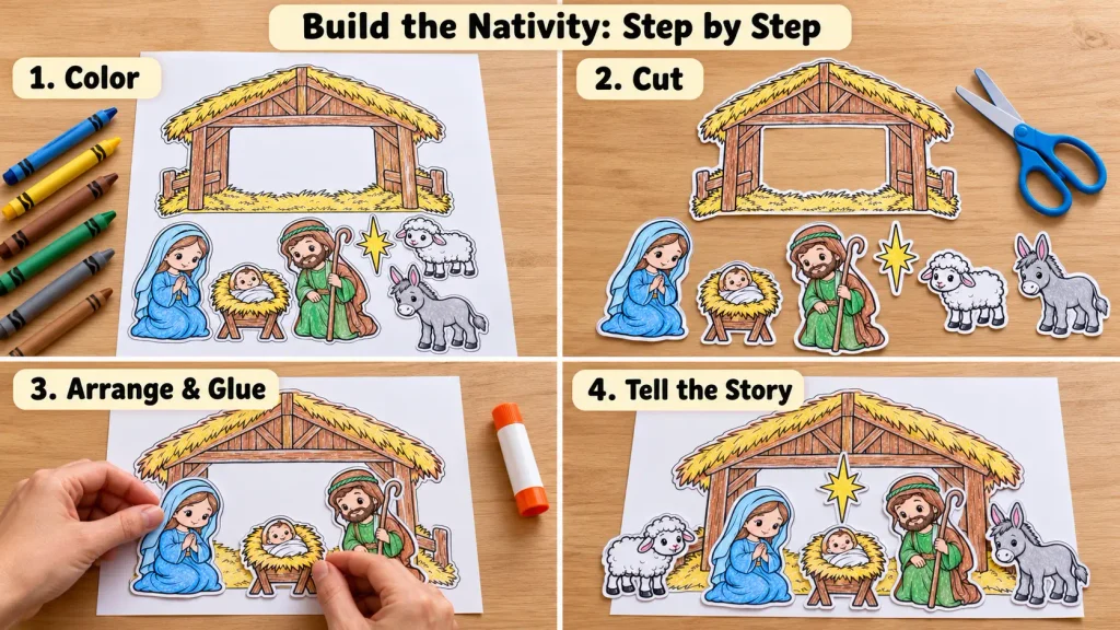 Nativity crafts for kids showing four steps to color, cut, arrange, and glue a paper Nativity scene.
