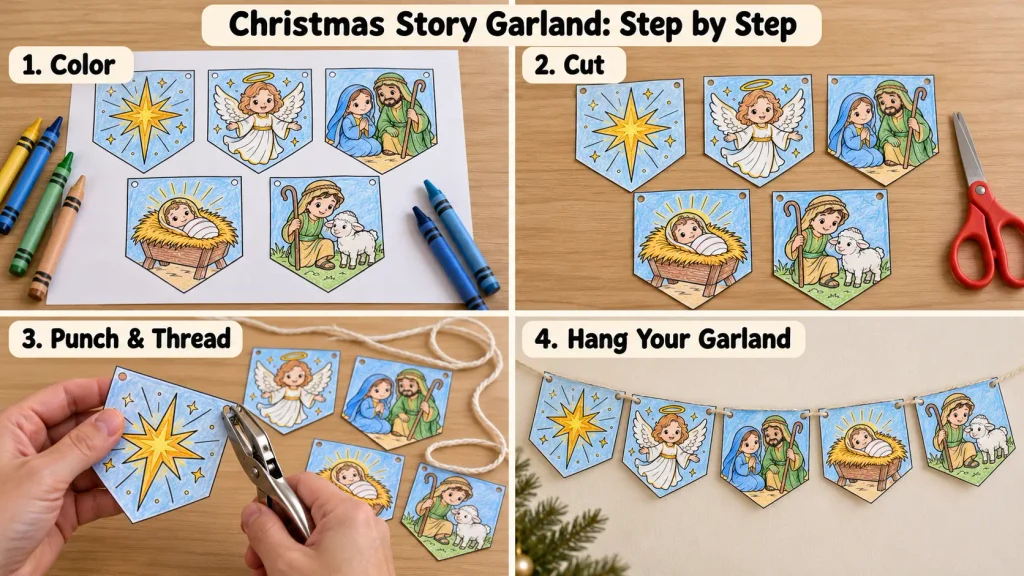 Nativity crafts for kids showing four steps to make a five-pennant Christmas story garland.