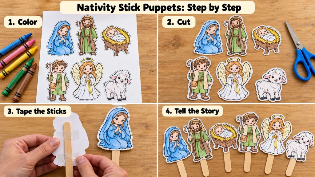 Nativity crafts for kids showing how to color, cut, and tape six paper characters to wooden craft sticks.