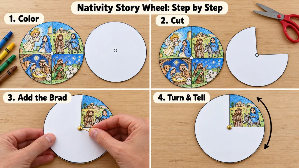 Nativity crafts for kids showing four steps to color, cut, and assemble a rotating Nativity story wheel.