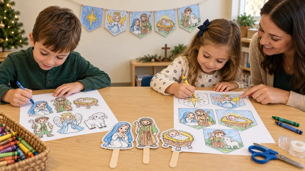 Two children coloring nativity crafts for kids with a teacher, with finished stick puppets on the table and a garland behind them.