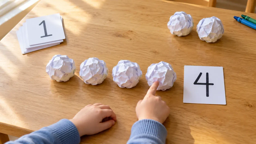 Child counting four paper snowballs beside a number 4 card, with two unused balls set aside.