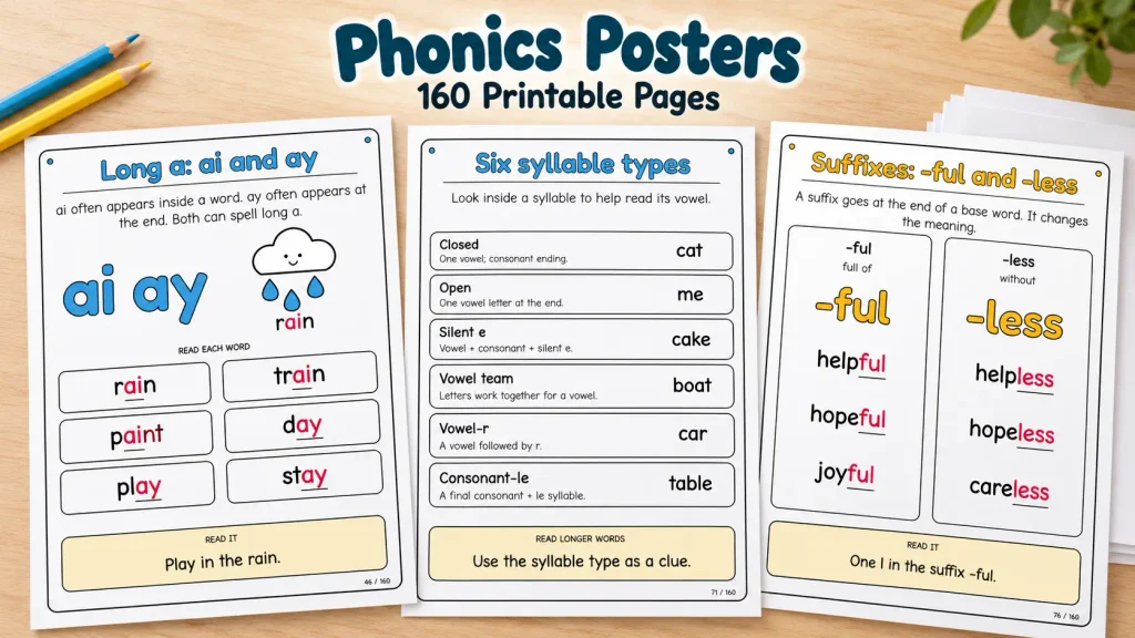 Three phonics posters showing ai and ay vowel teams, six syllable types, and the suffixes ful and less.
