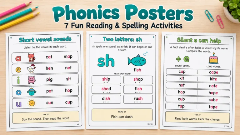 Three phonics posters showing short vowel sounds, the sh digraph, and silent e word pairs on a wooden table.