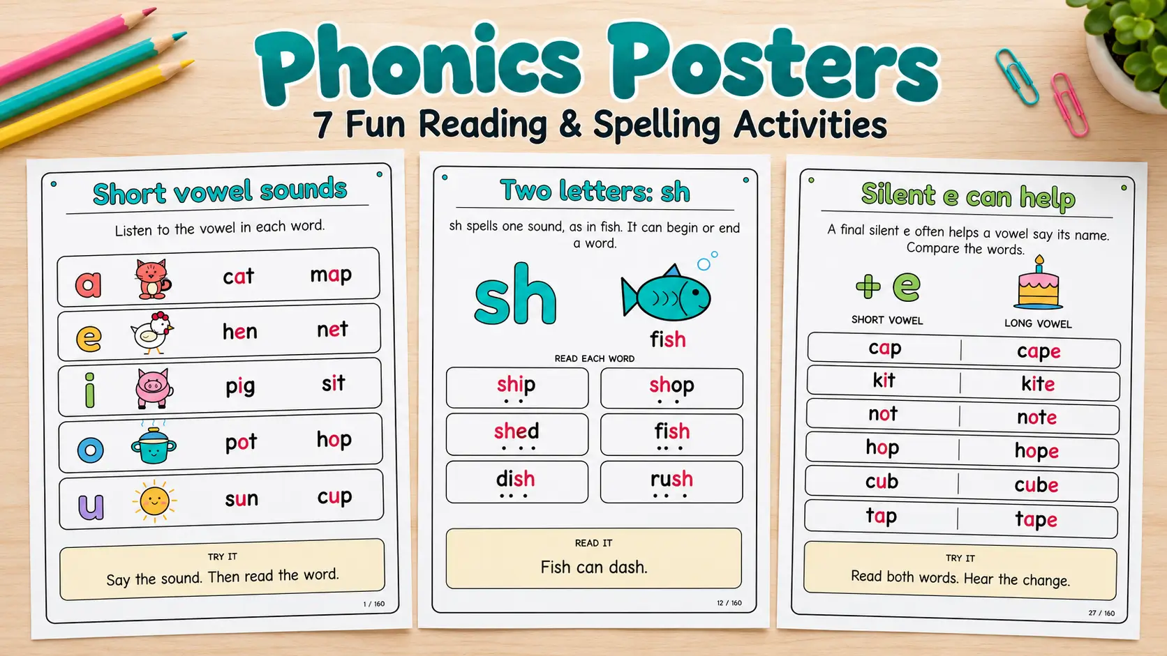 Three phonics posters showing short vowel sounds, the sh digraph, and silent e word pairs on a wooden table.