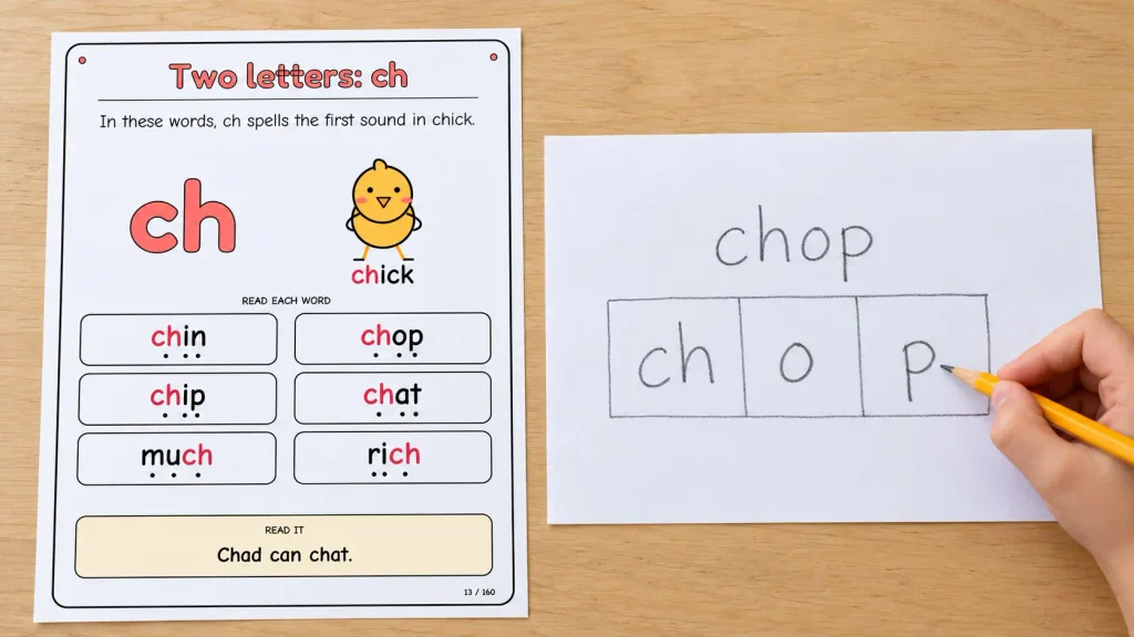 Spelling chop in three sound boxes beside a ch chart from the phonics posters collection.