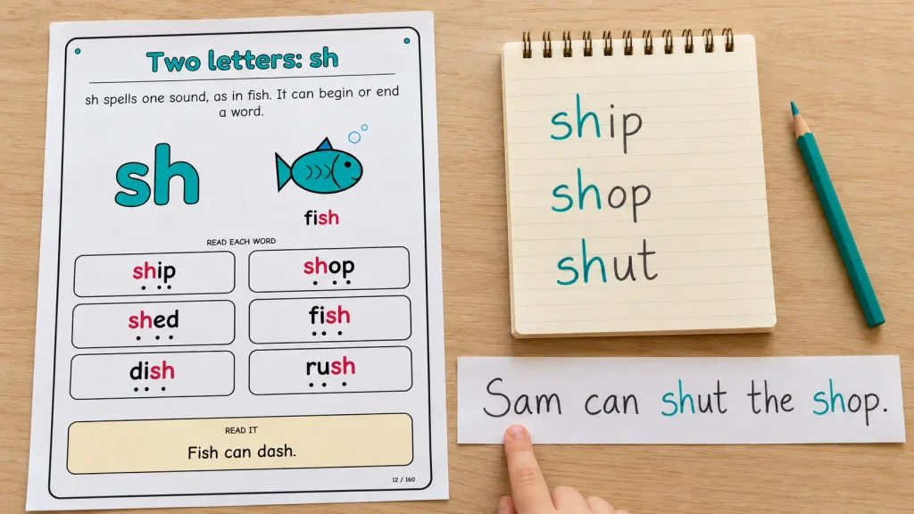 A sh chart from the phonics posters collection beside handwritten practice words and the sentence Sam can shut the shop.