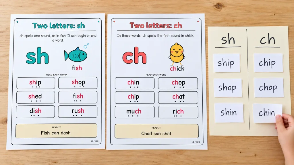 Phonics posters for sh and ch beside handwritten word cards sorted into two groups on a wooden table.