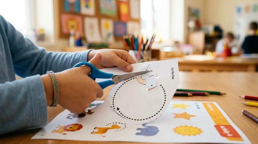 Preschool child cutting along dotted lines on a printable worksheet using blue safety scissors