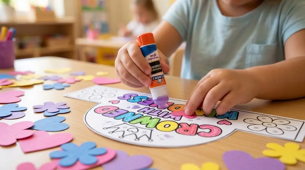 kindness day activity for preschool A close-up shot of a preschooler carefully placing paper hearts onto a crown strip using a glue stick.