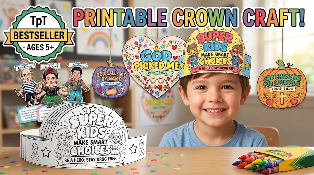 Young child wearing a hand-colored printable paper crown craft made from fine motor skills worksheets.