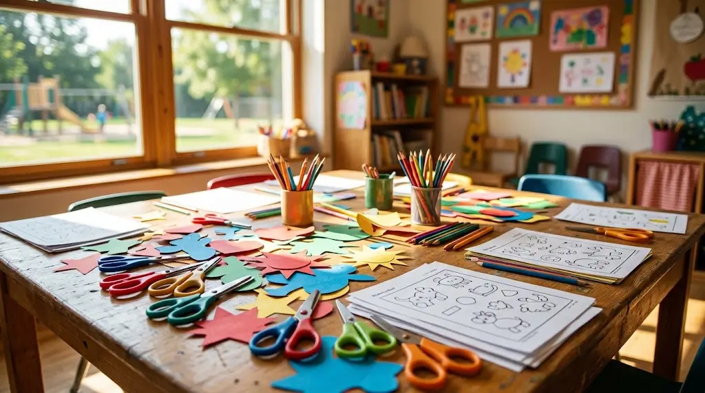 Printable learning activities for kids with safety scissors, crayons, and worksheets on a wooden classroom table