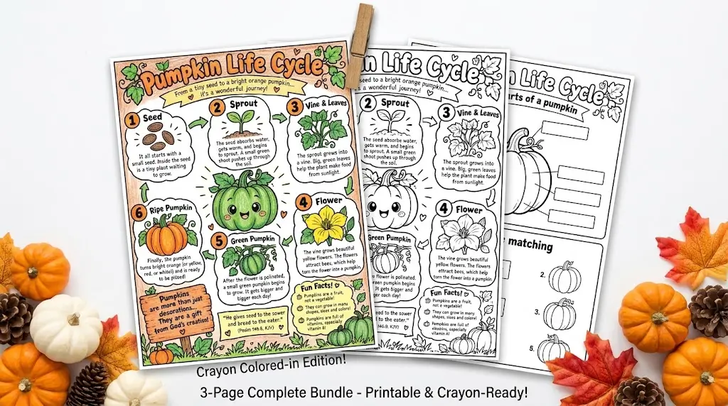 A complete fall science resource pack for teachers and homeschoolers, including line-art sequencing worksheets, cut-and-paste crafts, and vocabulary tracing sheets.