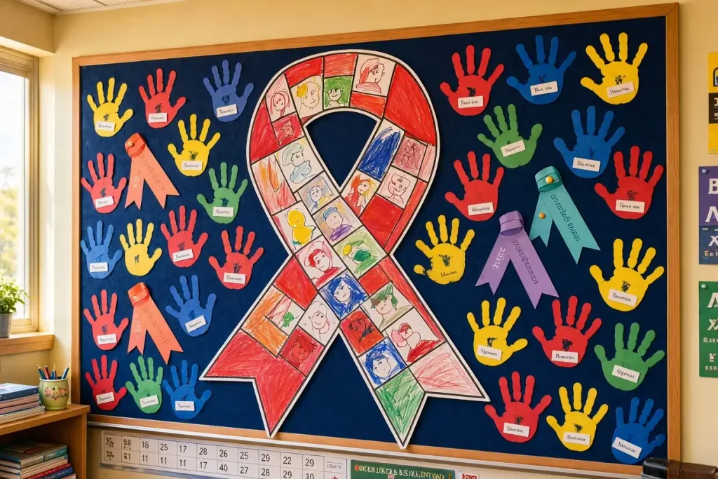 Finished collaborative red ribbon week bulletin board display featuring student-colored poster and pledge ribbons.