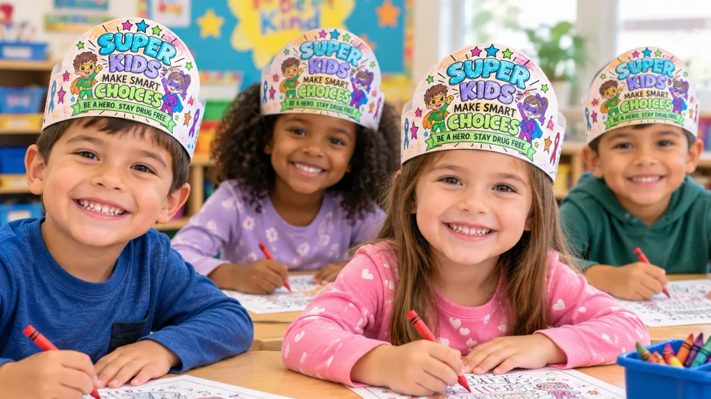 Elementary school students wearing printable Smart Choices Drug Free craft hats in classroom while coloring during Red Ribbon Week.