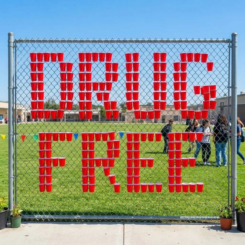School chain-link fence spelling out Drug Free using red plastic cups as creative Red Ribbon Week campus decoration.