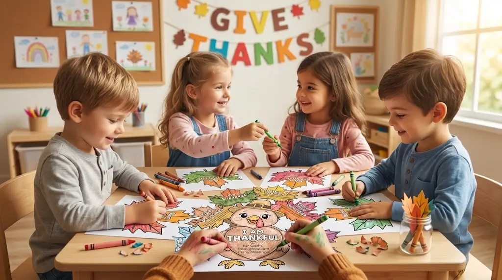 Sunday School Thanksgiving activities showing children engaged in coloring and writing on the Thanksgiving