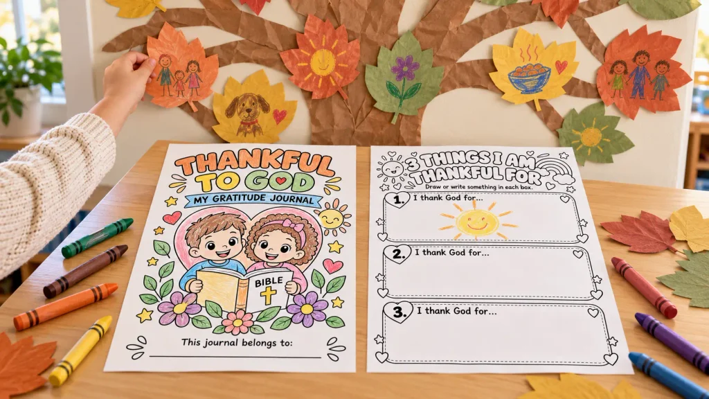 Thankful tree and printable gratitude activities for kids displayed on a classroom table.