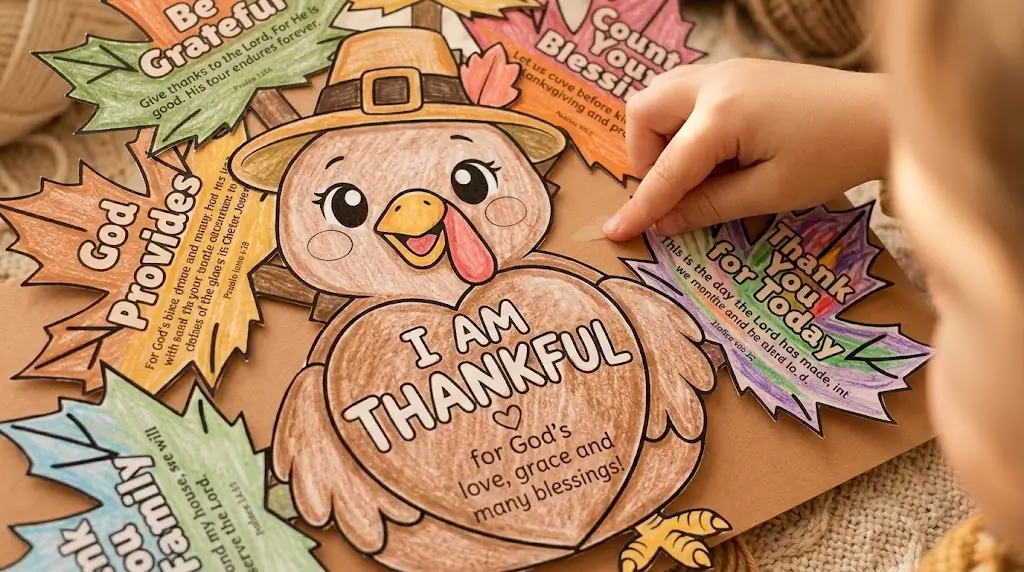 A detailed close-up of the Thankful Turkey Bible Craft from image, highlighting the scripture verses written on the feathers.
