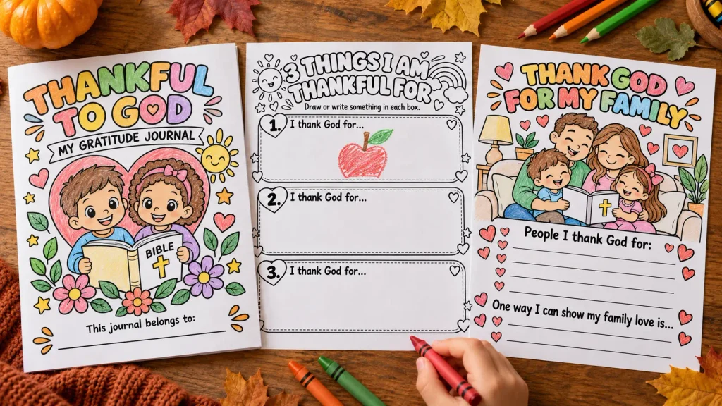 Printable gratitude activities for kids from the Thankful to God journal, including drawing and family reflection pages.
