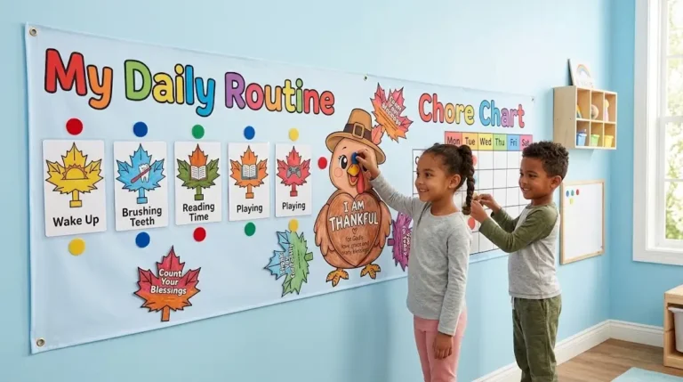 A complete Thanksgiving Bible Crafts for Kids visual system, featuring a giant, colorful Thankful Turkey display made components.