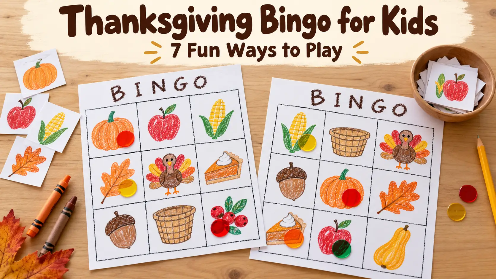 Homemade Thanksgiving bingo for kids with two picture boards, matching calling cards, and colorful markers on a wooden table.