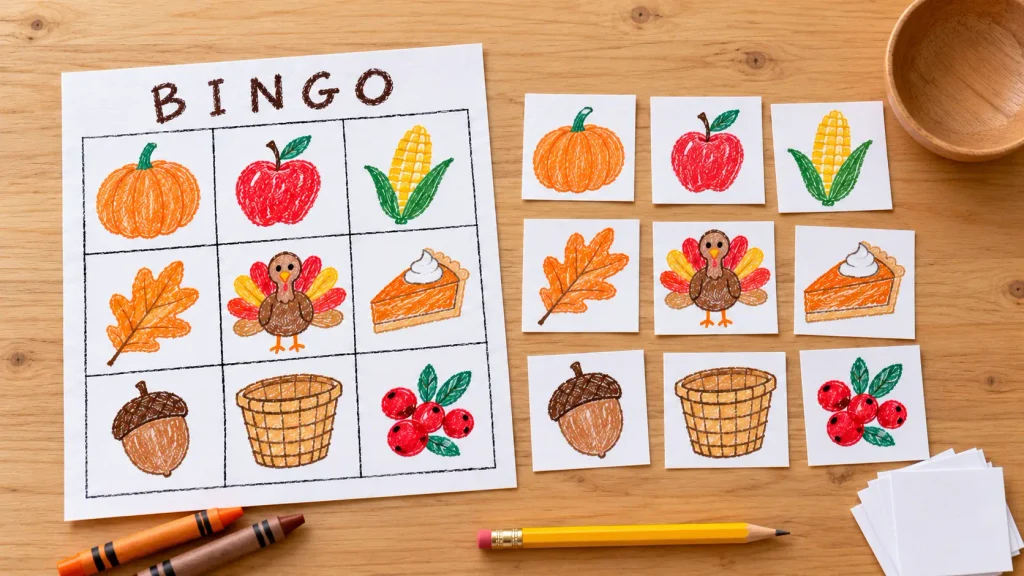 Homemade Thanksgiving bingo for kids with a nine-picture board, matching calling cards, crayons, and paper markers.
