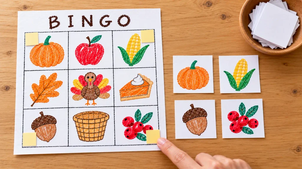 Thanksgiving bingo for kids board with four corner markers and matching pumpkin, corn, acorn, and cranberry calling cards.